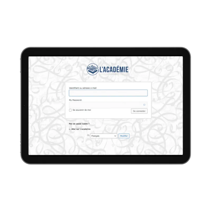Interface de la plateforme d'apprentissage de l'arabe facile sur tablette